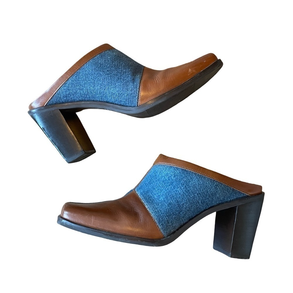 Vintage Worthington Brown Leather and Denim Block Heel Mules Size 7